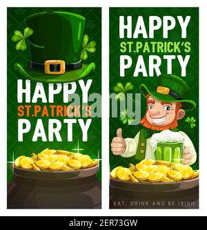 Banderoles vectorielles de la Saint-Patrick Day avec leprechaun dans le chapeau supérieur vert montrent le pouce vers le haut buvant la bière près de pot avec l'or et les shamrocks. Bière Ireland Sain Illustration de Vecteur