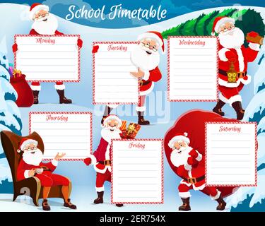 Vacances de Noël enfants planificateur, horaire de l'école avec Santa heureux. Saint Nicolas ou personnage du Père Noël assis dans un fauteuil avec une tasse de thé, porter Illustration de Vecteur