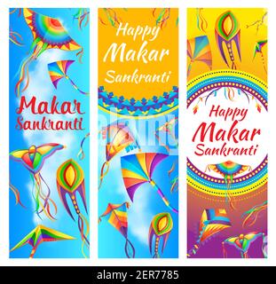 Banderoles du festival indien de vacances Makar Sankranti. Cerfs-volants en papier couleur jouets décorés de rubans, volant dans le ciel, ornements traditionnels vecteur. Sankrant celeb Illustration de Vecteur