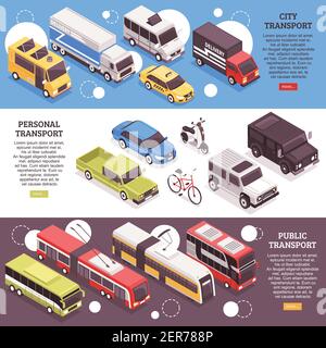 Jeu de bannières isométriques horizontales, de porte-villes, de véhicules personnels et de transports publics, illustration vectorielle isolée Illustration de Vecteur