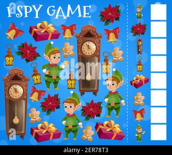 Noël I SPY jeu scénario modèle avec dessin animé Xmas elves et gits. Éducation des enfants trouver et compter jeu, puzzle ou énigme avec cadeau de Noël Illustration de Vecteur