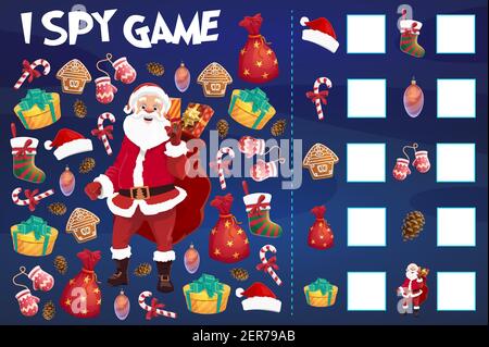 Enfants j'espionne jeu avec des objets de Noël compte. Personnage du Père Noël, chaussette de Noël et cône d'épicéa, biscuits au pain d'épice, ornements boule et Illustration de Vecteur