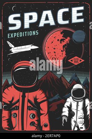 Astronautes à la surface de Mars, affiche de vecteur rétro de l'expédition spatiale. Navette et vaisseau spatial sur la planète extraterrestre rouge dans le cosmos. Mission de colonisation de l'univers, e Illustration de Vecteur