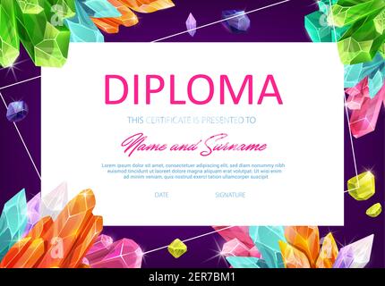 Modèle de vecteur de diplôme d'éducation scolaire avec pierres précieuses en cristal, pierres gemmes de dessin animé et pierres précieuses de bijou. Diplôme ou certificat éducatif, maternelle awa Illustration de Vecteur