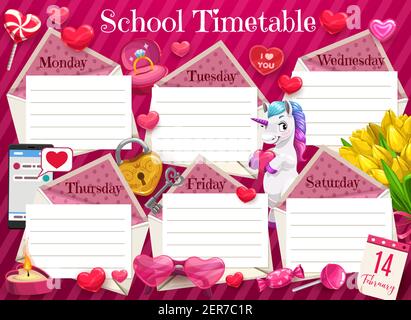 Horaire de l'école de Saint-Valentin, horaire des leçons pour enfants avec cœur. Agenda pour les enfants, programme romantique avec licorne, bouquet de tulipes et clé de Illustration de Vecteur