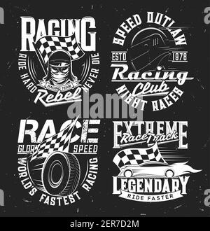 Imprimés de t-shirt avec rallye automobile, club de course et championnat de sports automobiles, maquette de t-shirt vector. Racer, roadster avec feu et roue de voiture avec échec Illustration de Vecteur