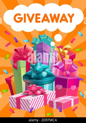 Promotion vecteur de cadeaux, publicité sur les réseaux sociaux. Présente, aime ou republie le don dans les médias sociaux. Surprise paquets pile, abonné gagnant re Illustration de Vecteur