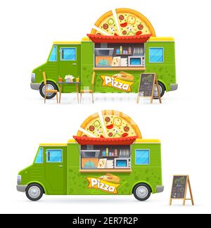 Camion de nourriture de pizza voiture vecteur isolée, bande dessinée vert van pour la vente de nourriture de rue de la malbouffe. Café ou restaurant sur roues, transport avec craie fastfood Illustration de Vecteur