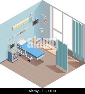 Équipement médical composition isométrique avec fenêtre intérieure de la chambre d'hôpital avec installations thérapeutiques et dispositifs électroniques spéciaux vecteur illustrat Illustration de Vecteur