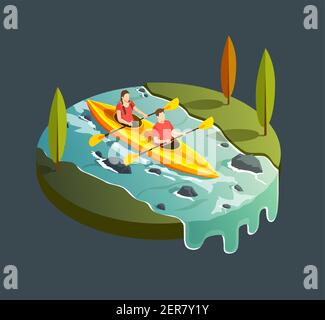 Camping randonnée Isométrique icônes composition avec vue ronde sur la montagne rivière en ruisseau et bateau à aubes avec l'illustration de vecteur de personnes Illustration de Vecteur