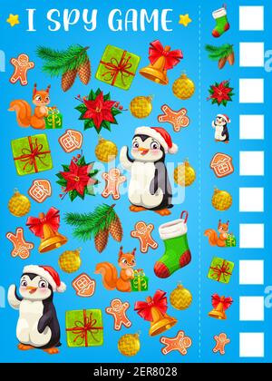 J'espionne le jeu ou le puzzle avec les cadeaux de Noël modèle vectoriel de l'éducation des enfants. Trouvez et comptez le jeu d'esprit, l'énigme logique ou la feuille de travail avec la cloche de Noël, W Illustration de Vecteur