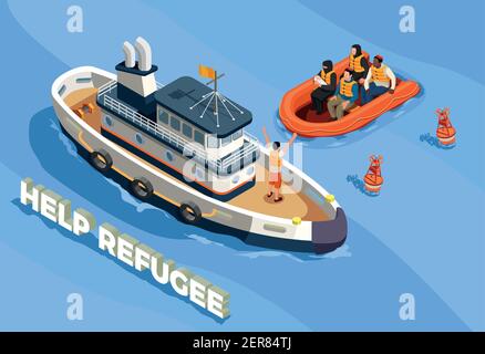 Réfugiés apatrides icônes d'asile composition isométrique avec texte paysage marin et expédiez avec l'illustration vectorielle des immigrants réfugiés Illustration de Vecteur