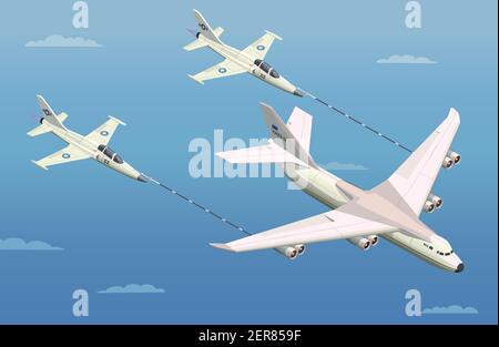 Avions hélicoptères composition isométrique avec trois avions en vol à mi-vol illustration du plein de carburant et du vecteur ciel clair Illustration de Vecteur