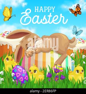 Lapin de Pâques dormant sur une carte de vœux à motif de vecteur d'œuf avec herbe verte, poussins, gâteaux de Pâques et fleurs de printemps, papillons, crocus en fleurs et Illustration de Vecteur