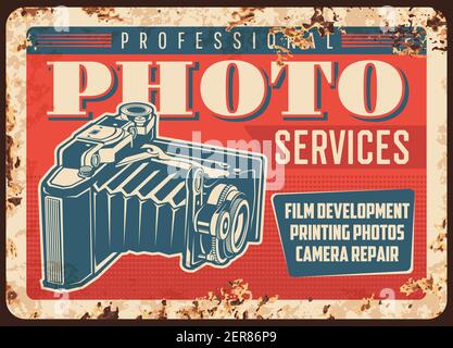 Photo appareil photo studio photo plaque métal rouillé ou affiche vintage, vecteur. Services de salon de studio de photographie, réalisation de films, impression de photos et Illustration de Vecteur