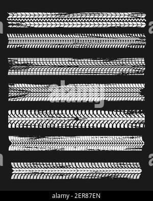 Impression des pneus de voiture, trace de roue de moto ou fils de protection de camion. Véhicule marques de caoutchouc sale texture grungy, traces blanches d'automobile sur fond noir Illustration de Vecteur