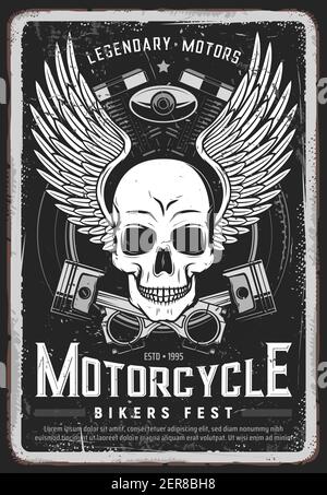 Affiche grundy du festival des motards. Le crâne humain, les ailes d'ange et le moteur de moto ont traversé des pistons, le pneu de roue en caoutchouc gravé vecteur. Légendaire Illustration de Vecteur