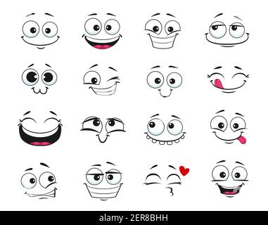 Visage expression vecteur icônes isolées, drôle de dessin animé emoji rêver, tomber dans l'amour, rire et sourire. Sentiments du visage, émoticônes embrassant, heureux et s. Illustration de Vecteur