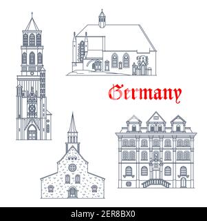 L'Allemagne sites touristiques l'architecture de voyage allemande icônes vectorielles. Allemagne Baden Wurttemberg monuments de l'église de la chapelle de Rottweil, Magnuschirche in Worms, Cregl Illustration de Vecteur