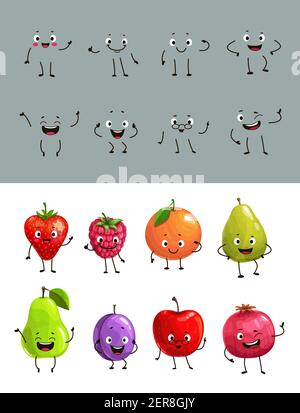 Caricature de fruits et baies avec visages drôles fraise, framboise et orange, poire, avocat et prune avec pomme et grenade. Fruits express Illustration de Vecteur