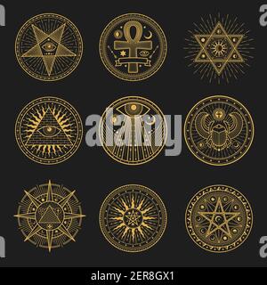 Signes occultes, occultisme, symboles d'alchimie et d'astrologie et emblèmes mystiques religieux sacrés. Vecteur magique oeil, pyramide de maçonnerie et scarabée, soleil et lune Illustration de Vecteur