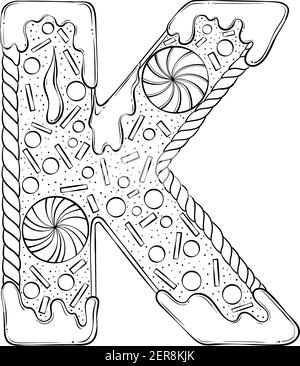 Lettre K. biscuits au pain d'épice sous forme de lettres. Police vectorielle de dessin animé, style art au trait dessiné à la main, isolée sur fond blanc. Modèle de logo lettrage. Design de livre de coloriage. Illustration de Vecteur