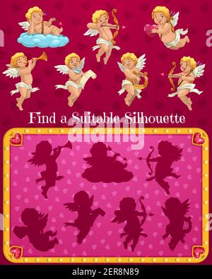 Saint-Valentin enfant trouver un jeu de silhouette approprié avec des personnages de dessin animé de cupids. Les enfants jouent à l'activité avec la tâche de correspondance des ombres, casse-tête des enfants. C Illustration de Vecteur
