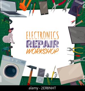 Affiche de réparation électronique colorée avec titre d'atelier de réparation électronique et différents outils s'étendent autour de l'illustration vectorielle Illustration de Vecteur