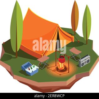 Camping randonnée Isométrique icônes composition avec vue sur la prairie forestière avec tente et bouilloire sur l'illustration vectorielle de feu de camp Illustration de Vecteur