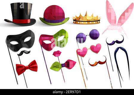 Stand photo de fête avec des images isolées de chapeaux amusants lunettes et éléments pour une illustration vectorielle mascarade