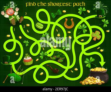Jeu de maze pour enfants avec des limes de St Patricks, de l'or, du trèfle et des bonbons. Puzzle à labyrinthe vectoriel trouver le chemin le plus court, jeu de société familial. Tâche avec le bronzage Illustration de Vecteur