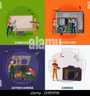 Ensemble de quatre carrés de réparation électronique avec vecteur de titres de caméra illustration Illustration de Vecteur