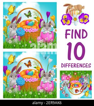 Jeu d'enfants de trouver dix différences modèle de vecteur avec des oeufs de Pâques et des lapins. Jeu logique, puzzle ou énigme de la feuille de travail d'éducation des enfants avec l'est Illustration de Vecteur