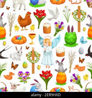 Pâques religion vacances modèle sans couture. Fond vectoriel avec oeufs de Pâques, lapins et lapins, poussins et fleurs de printemps, ange, croix de crucifix, Illustration de Vecteur
