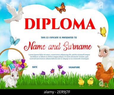 Diplôme d'éducation scolaire pour enfants avec œufs de Pâques vectoriels, poulet avec poussins, lapin, agneau et fleurs sur la prairie printanière avec colombe et papillons. Kinder Illustration de Vecteur