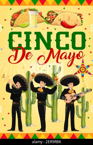 Affiche vectorielle Cinco de Mayo avec groupe Mariachi. Musiciens mexicains personnages en chapeau de sombrero et costumes nationaux jouant de la guitare, de la trompette et des maracas Illustration de Vecteur
