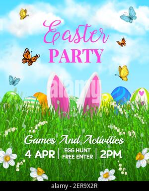Prospectus de vacances de Pâques avec de mignons oreilles de lapin de bande dessinée dans des lames d'herbe verte avec des oeufs décorés, des fleurs et des papillons. Bonne partie du printemps de Pâques Illustration de Vecteur