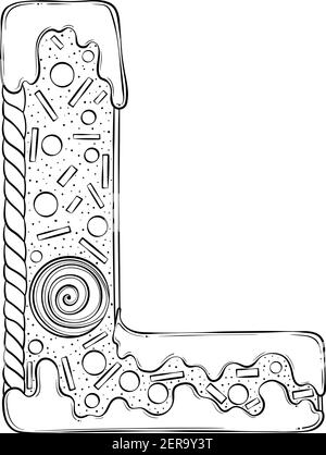 Lettre L. biscuits au pain d'épice sous forme de lettres. Police vectorielle de dessin animé, style art au trait dessiné à la main, isolée sur fond blanc. Modèle de logo lettrage. Design de livre de coloriage. Illustration de Vecteur