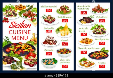 Menu du restaurant sicilien avec des plats vectoriels de cuisine italienne. Pâtes spaghetti au meatball, fromage, cannoli et arancini au riz, salade et focaccia avec v Illustration de Vecteur