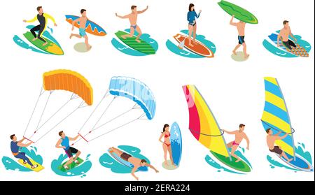 Icônes de surf isométriques avec des images isolées de surfeurs et divers modèles et types d'illustrations vectorielles de planches de surf à voile Illustration de Vecteur