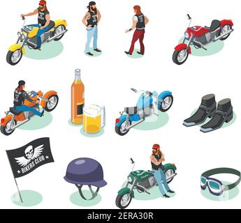 Bikers Isomistric icons collection de personnages et d'images humains isolés illustration vectorielle de la bière et des articles de mode des motos Illustration de Vecteur