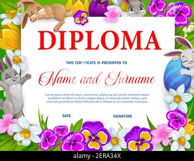 Modèle de vecteur de diplôme ou de certificat d'éducation des enfants pour la remise des diplômes de l'école ou de la maternelle avec œufs de Pâques, lapins, fonds de cadre de fleurs. Étudiant Illustration de Vecteur