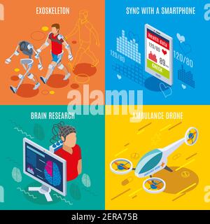 Médecine du futur concept isométrique 2x2 avec élevé technologie dispositifs médicaux outils et appareils illustration vectorielle Illustration de Vecteur