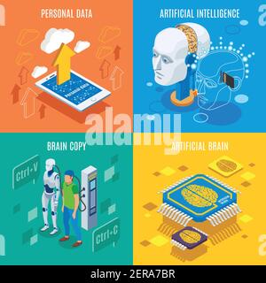 Concept de conception isométrique 2x2 de personnalité de sauvegarde avec images conceptuelles de technologies futuristes et illustration vectorielle de l'électronique artificielle du cerveau Illustration de Vecteur