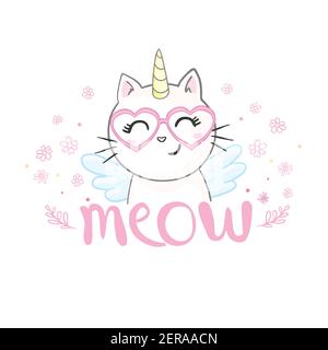 Chat mignon avec une corne licorne. Il peut être utilisé pour l'autocollant, le patch, l'étui de téléphone, l'affiche, le t-shirt. Illustration de Vecteur