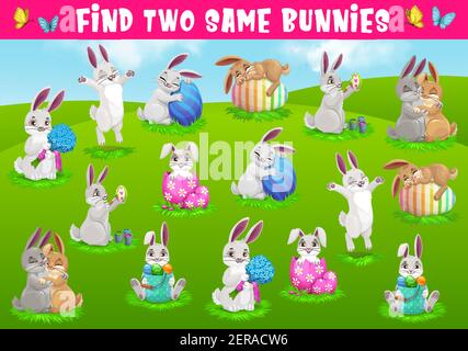 Jeu pour enfants trouver deux lapins identiques. Puzzle vectoriel avec adorable personnages de lapin de Pâques avec œufs décorés sur le terrain vert, dormant au spri Illustration de Vecteur