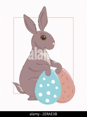 Carte de vœux rétro Vector pastel lapin de Pâques avec œufs de couleur. Une illustration douce et douce. Illustration de Vecteur