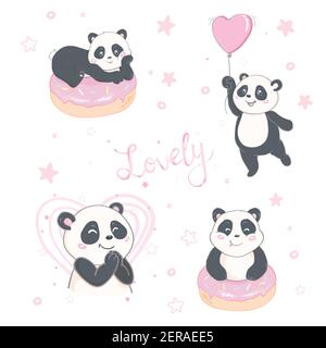 Ensemble de panda illustration, cartes dessinées à la main mignons, brochures, invitations Illustration de Vecteur