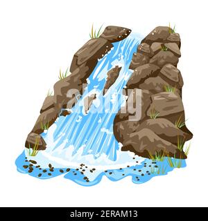 Cascade isolée sur fond blanc. Cascade d'eau sur roche raide.Paysage de cascade tombant de l'eau.élément pour la conception de paysage.Illustration vectorielle Illustration de Vecteur