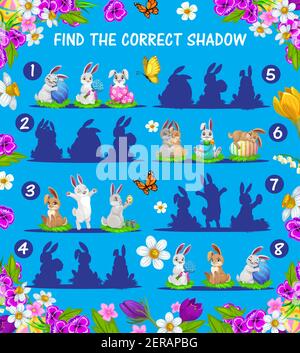 Jeu pour enfants de trouver et d'assortir les ombres des lapins et des œufs de Pâques vectoriels. Les enfants éducation mémoire puzzle ou énigme avec la chasse aux oeufs de Pâques lapins et mais Illustration de Vecteur